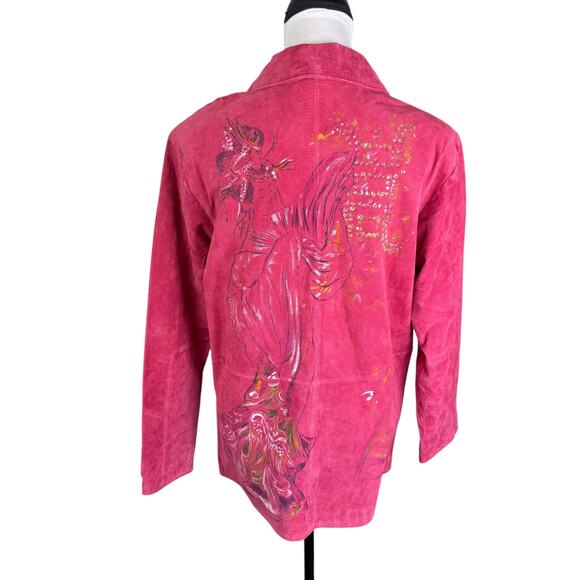 Look East Red Asian Geisha 100% Leather Collared Long Sleeve Button Down Jacket - Picture 8 of 11